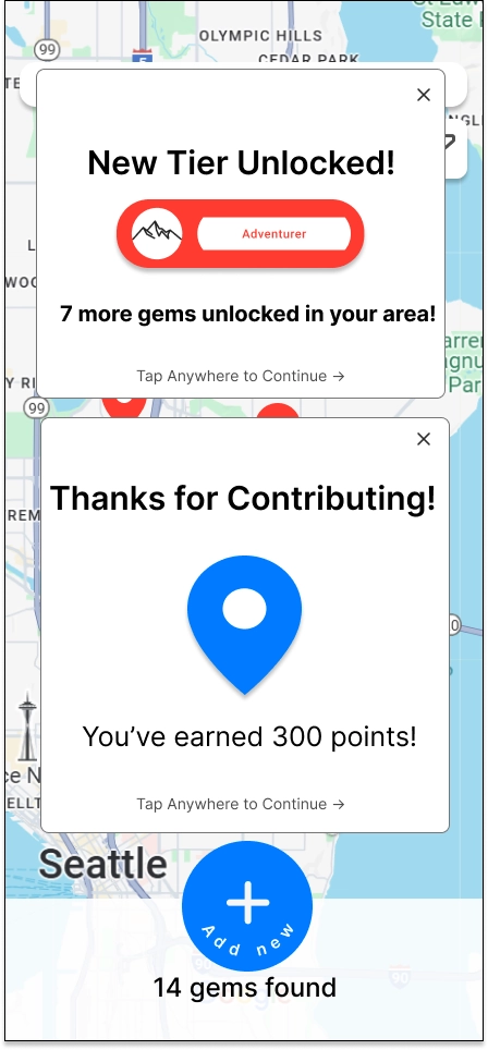 After adding a new gem, participants see a pop-up indicating a new tier unlocked and a thank you message showing points earned.